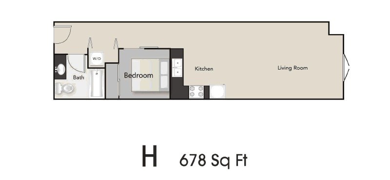 Floor plan for 1 bed, 1 bath, 678 sqft